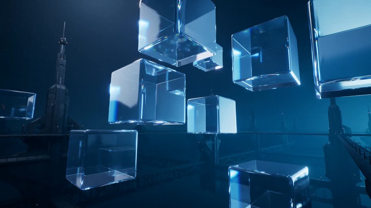 Floating glass cubes rotating as camera moving forward and upward in industrial hub, lights grazing