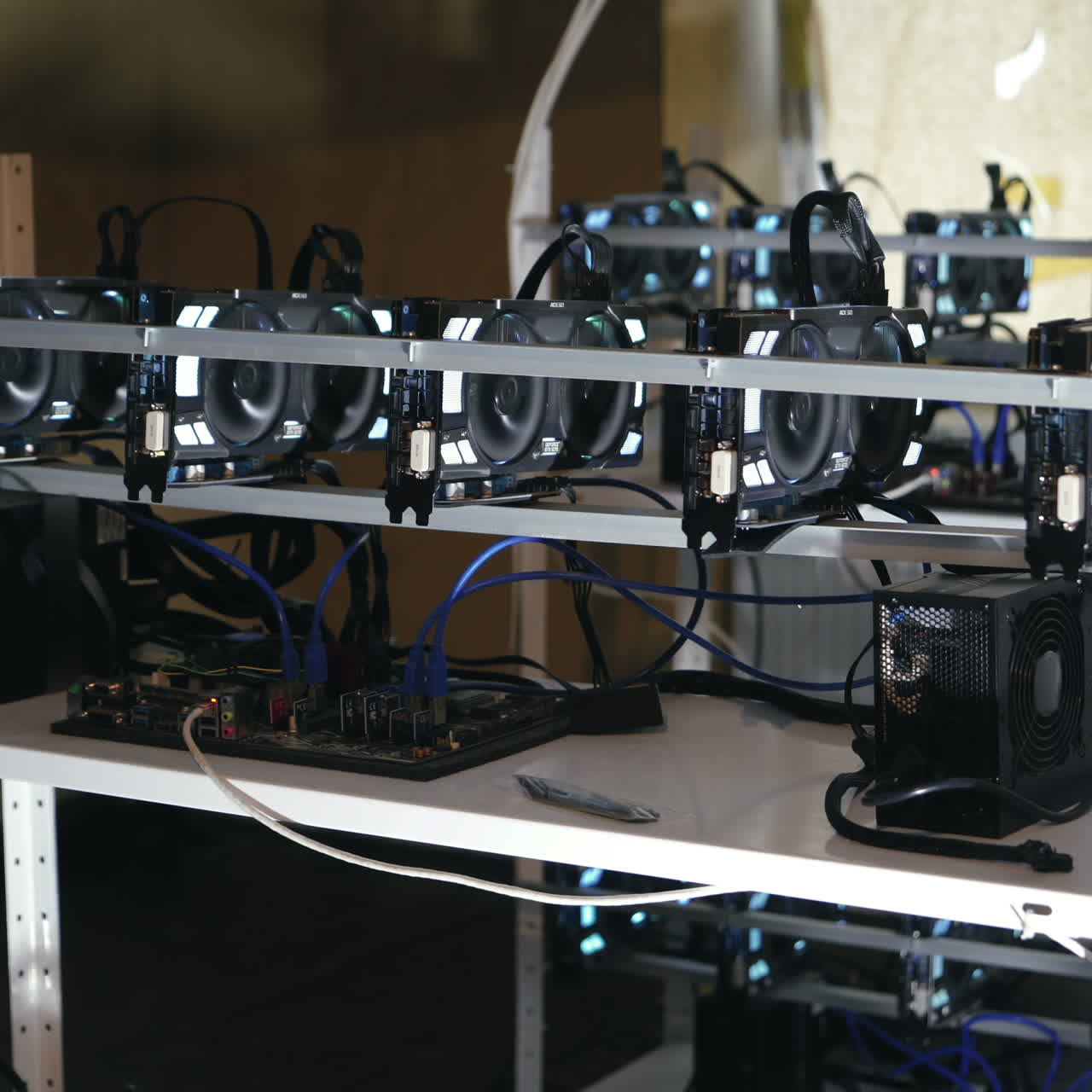 Farm for mining crypto currency on video cards. Computer for Bitcoin and cryptocurrency virtual mining. Crypto farm.