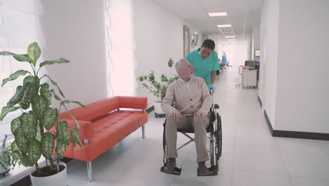 an old man with a beard and gray hair is dragged by a young female nurse in his wheelchair 1