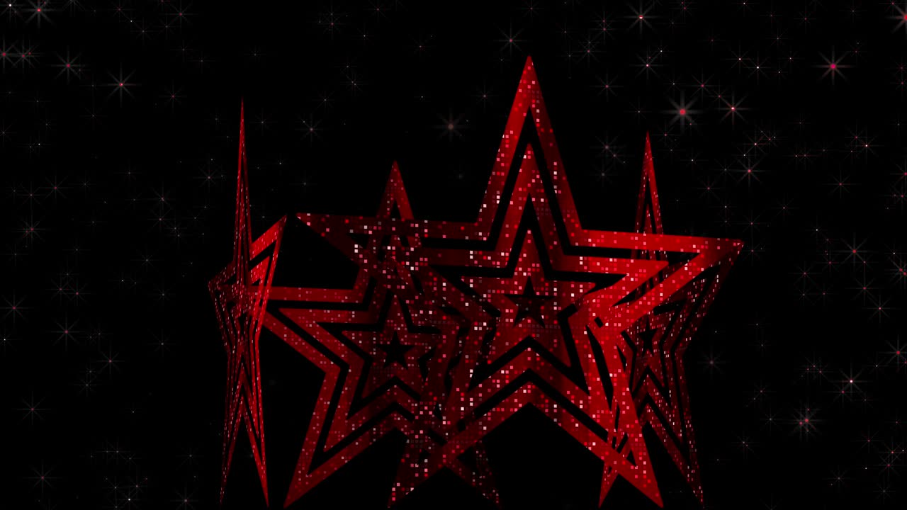 estrellas. contornos brillantes de píxeles. animación de un cubo giratorio semitransparente rojo.