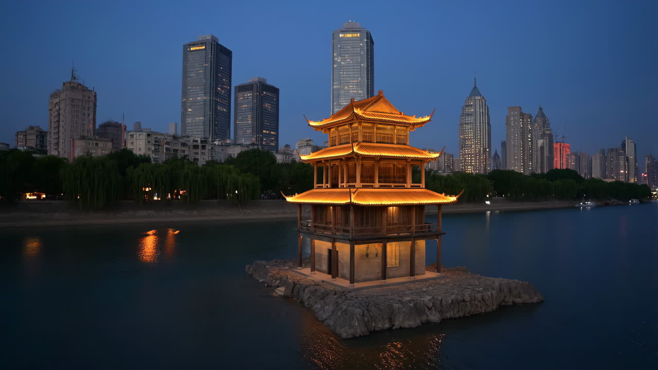 Illuminated Traditional Pavilion on a River at Night with City Skyline