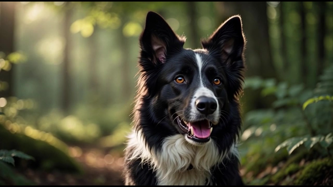 Border Collie seduto in una lussureggiante foresta verde.