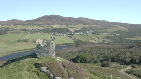 Eine-Luftaufnahme-Von-Castle-Bharriich-In-Der-Nähe-Von-Tongue-In-Den-Schottischen-Highlands-An-Einem-Sommertag