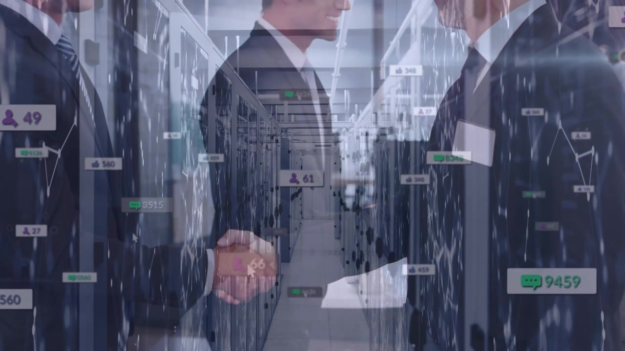 Animation of data and social media icons over diverse business people shaking hands