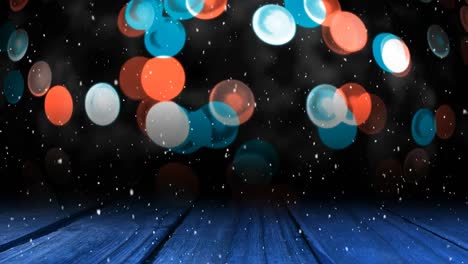 Animation-of-snow-falling-over-glowing-lights-and-wooden-surface