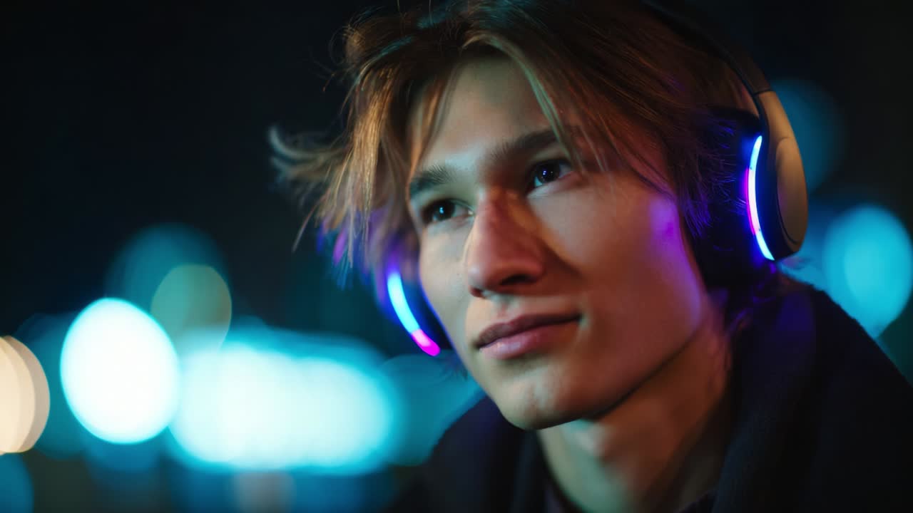 Un giovane uomo si gode la musica con delle cuffie alla moda, catturando un momento di relax e connessione in una vivace scena notturna piena di luci bokeh colorate, creando un'atmosfera di calma e gioia