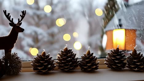 cozy christmas window decor with deer and pine cones