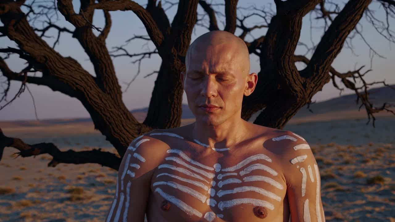 Man with painted body art meditates under a barren tree, showcasing a serene moment in a vast desert landscape during sunset, capturing tranquility and connection