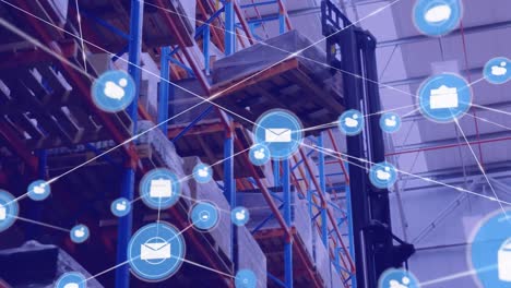 Network-of-digital-icons-against-forklift-machine-moving-packages-at-warehouse