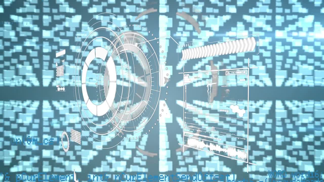 Animation of processing circle over diverse data, folders and digital padlock