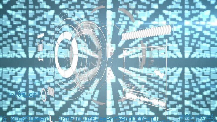 Animation of processing circle over diverse data, folders and digital padlock