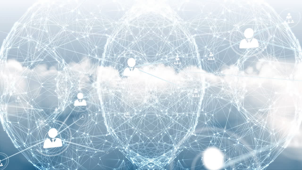 Animation of connected profile icons, dots forming globe and abstract pattern over cloudscape