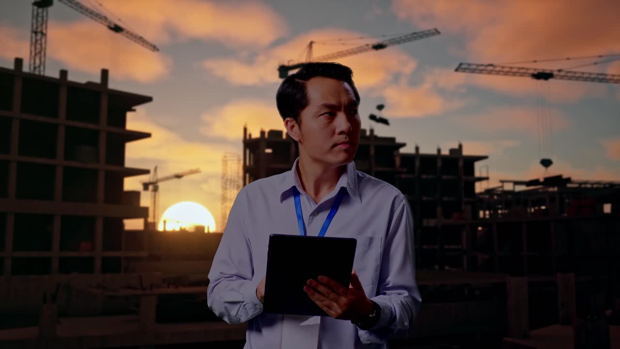 Trabajador profesional asiático de pie con su tablet en una obra en construcción de una casa nueva; observa mirando alrededor antes de concentrarse en su tablet.