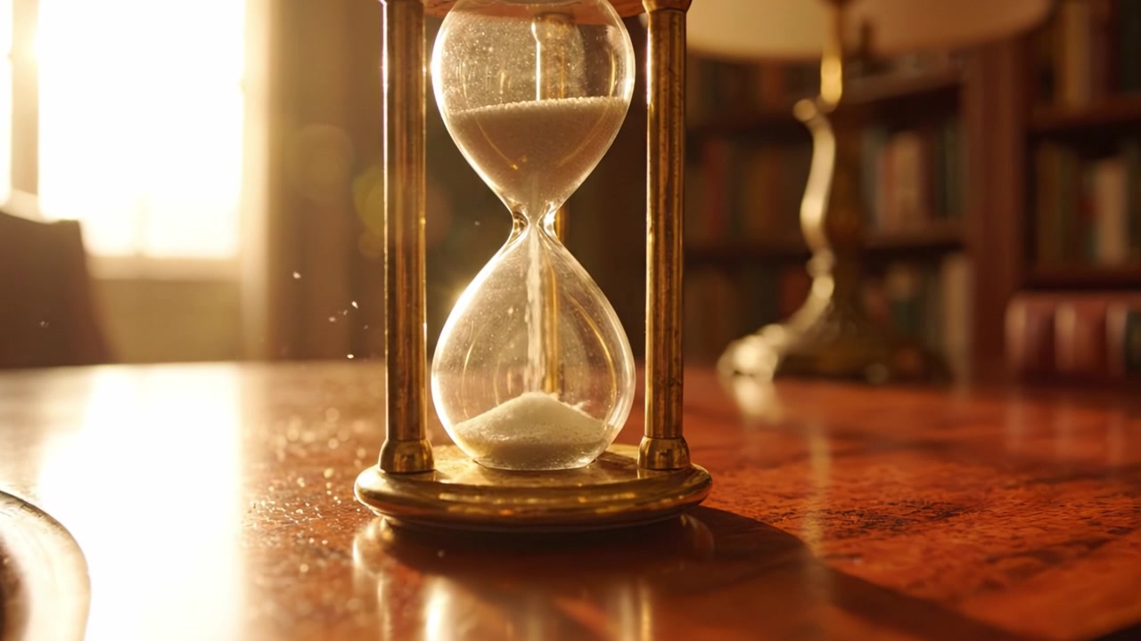 Un'Elegante Clessidra su una Scrivania Lucida in una Biblioteca Illuminata Caldamente, a Simboleggiare il Passare del Tempo e la Bellezza degli Oggetti d'Antiquariato in un Contesto Riflessivo