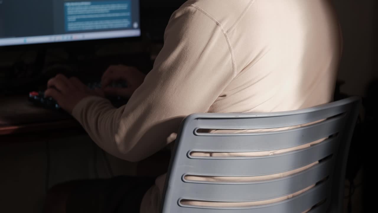 Medium static shot of a person seated at a desk typing on a computer in a dimly lit workspace environment