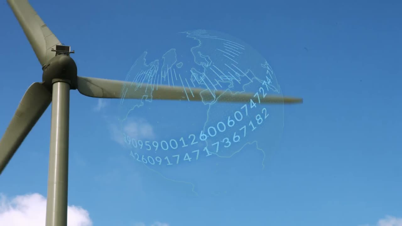 풍력 터빈을 통한 데이터 처리와 함께 지구와 숫자의 애니메이션