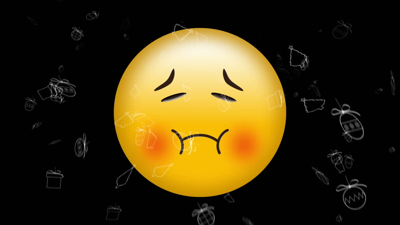 추락하는 크리스마스 아이콘 위에 아픈 이모지 아이콘의 애니메이션