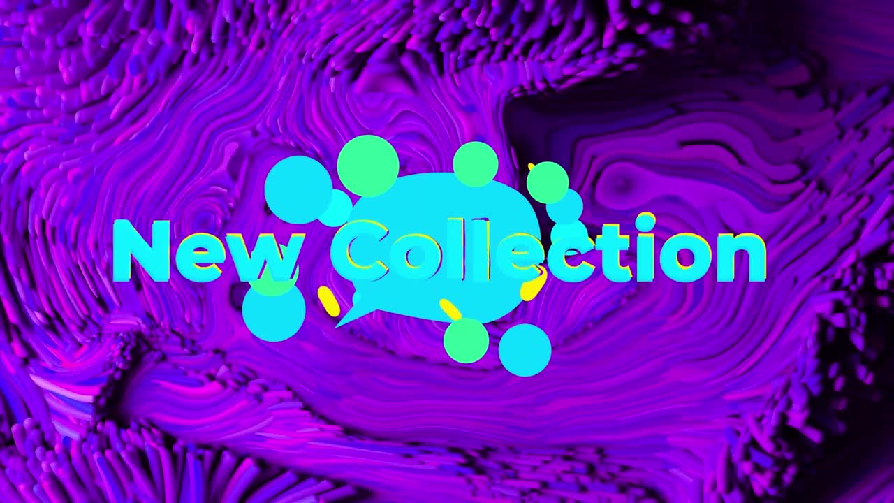 animación del texto de la nueva colección sobre un fondo púrpura líquido