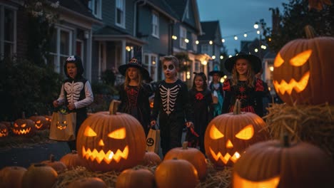 a spooky halloween night: children dressed in costumes walking through a neighborhood illuminated by jack-o'-lanterns and festive lights