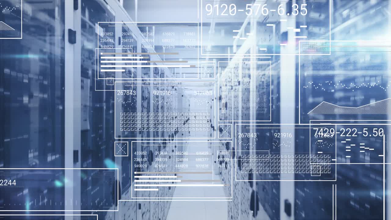 Animation of changing numbers, circles and loading bars against server room in background