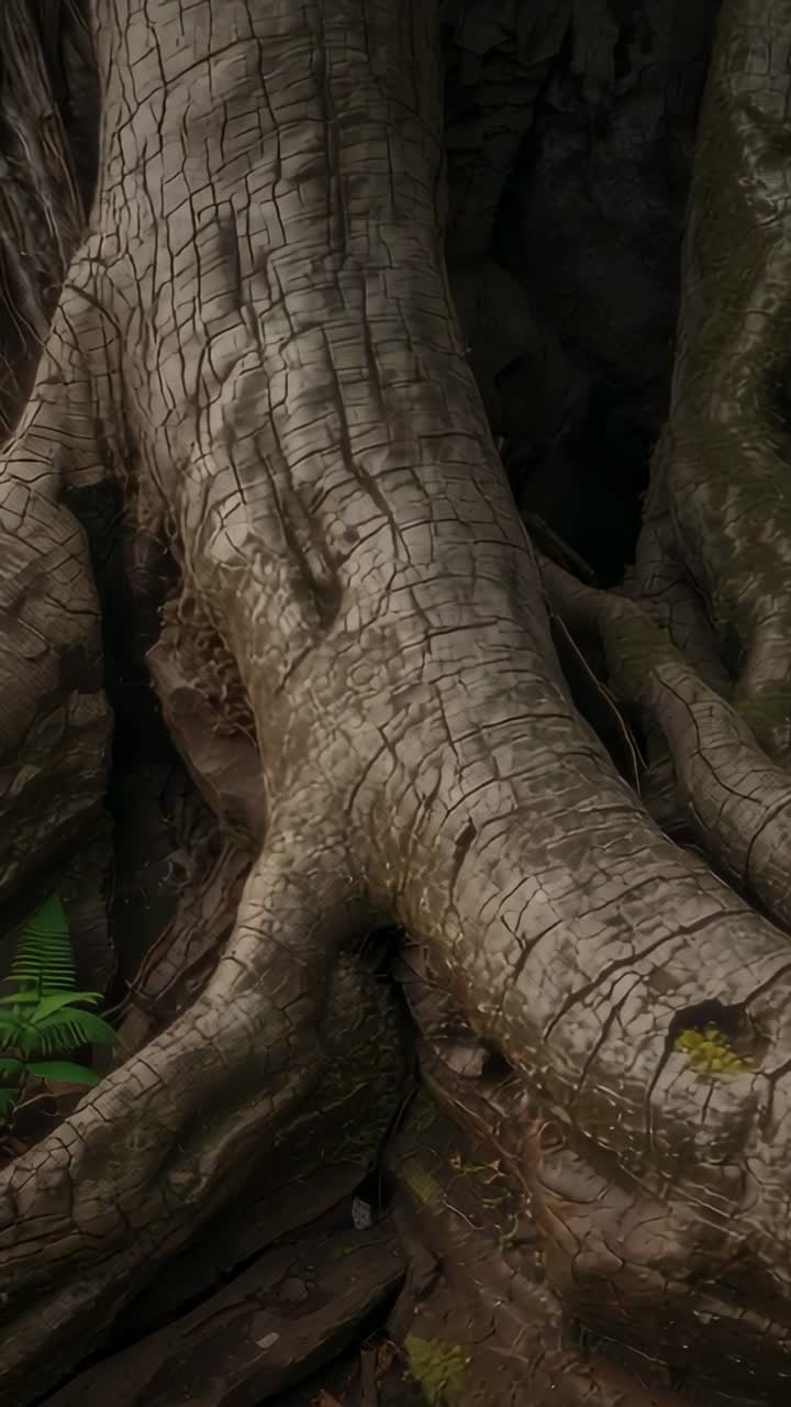 Vertical video: Camera panning trunk and exposed roots in forest, showing fissured bark and moss