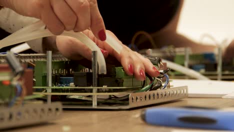 manos de mujeres cualificadas ensamblando tubos en una compañía de producción electrónica, mostrando precisión y experiencia