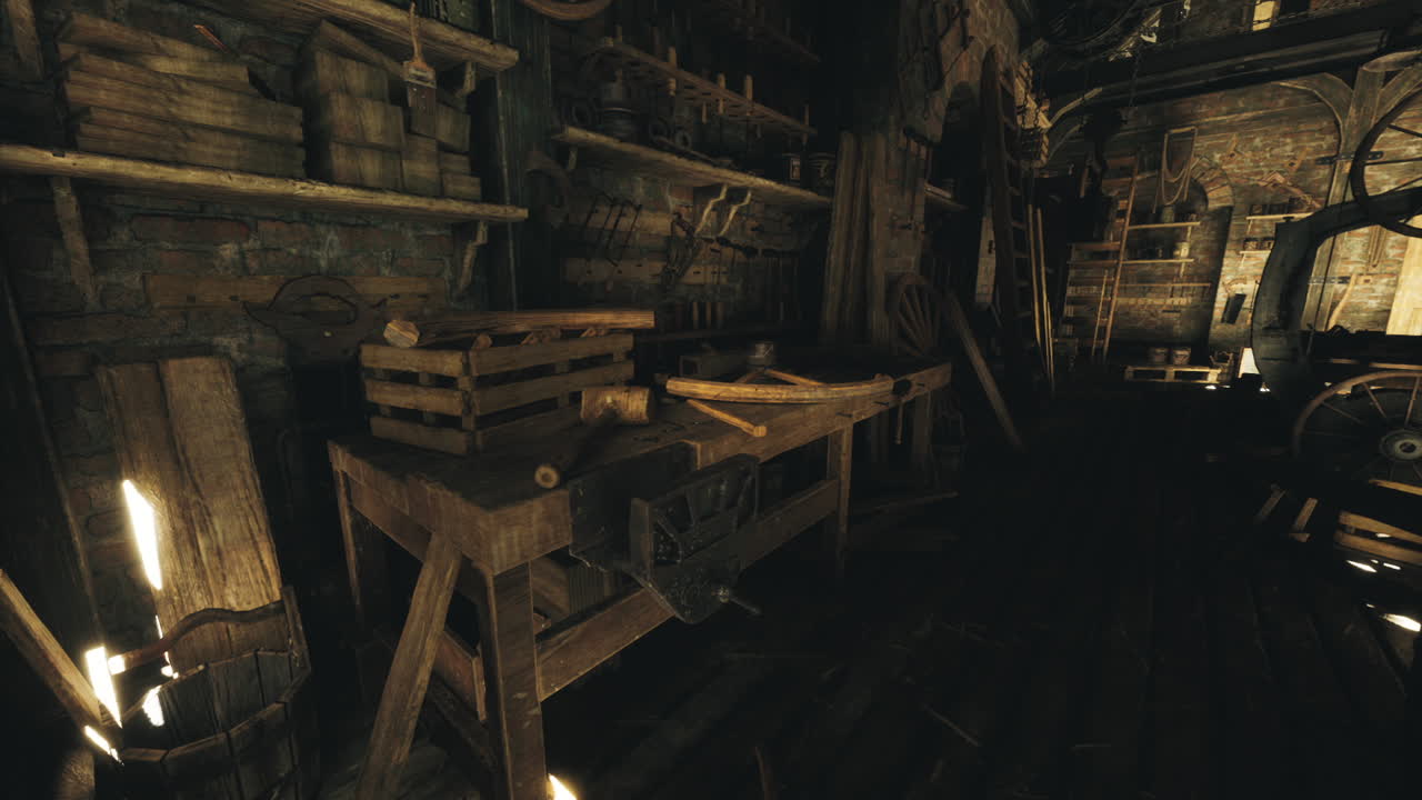 Workshop filled with tools and shadows in an old building