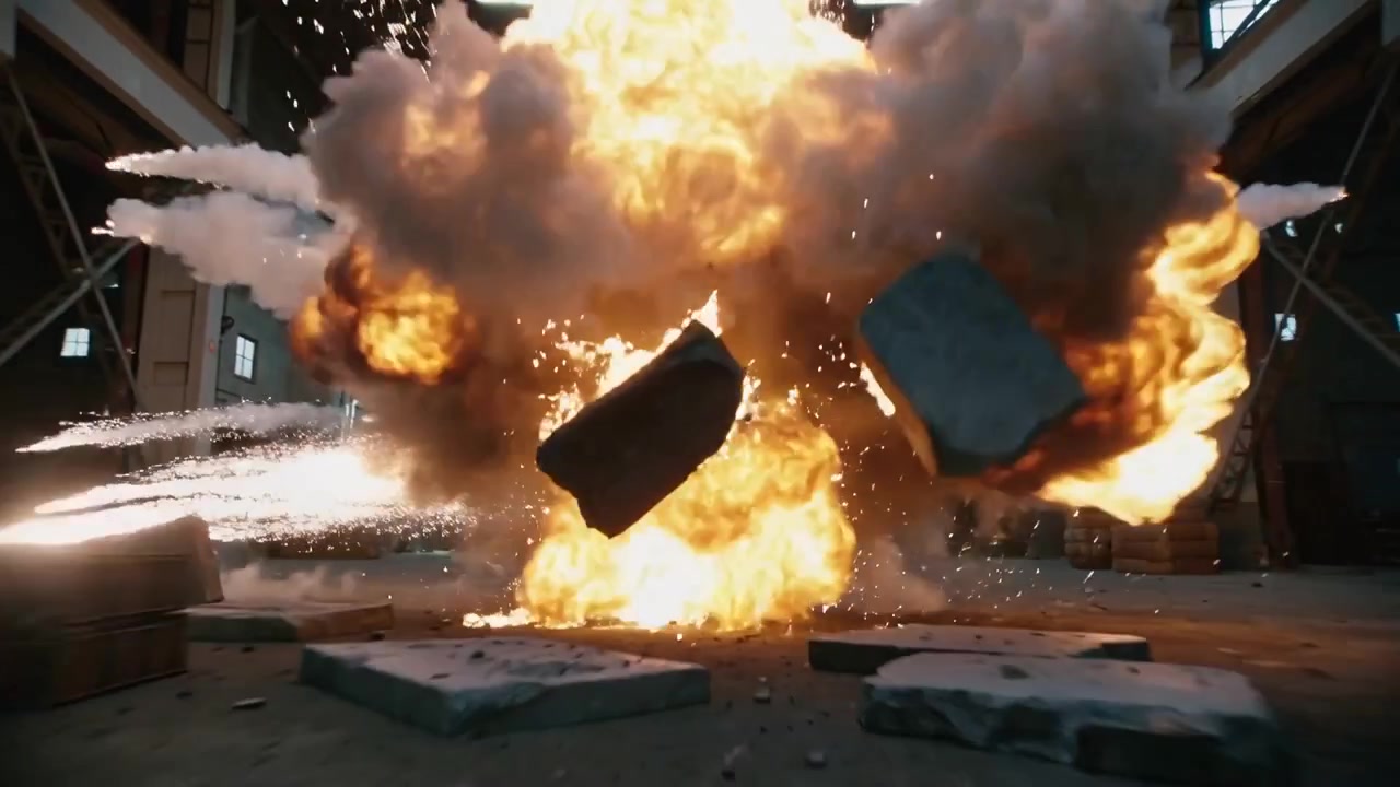 Zündende, angebundene Leuchtkugel, die ein Lagerhaus explodieren lässt, Betonplatten wegschleudert, Rauch und Funken speit.