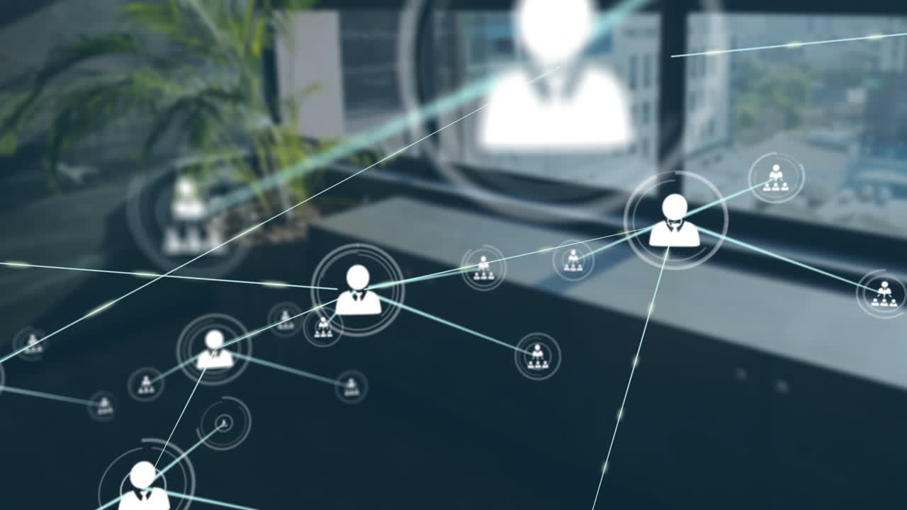 네트워크 연결 및 데이터 처리 애니메이션 오피스 배경