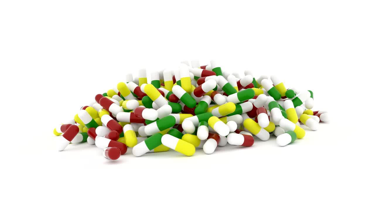 Loop infinito continuo con un mucchio di capsule, medicine o pillole, animazione di rendering 3D