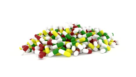 bucle infinito sin costuras con un montón de cápsulas, medicamentos o pastillas, animación de renderización en 3d.