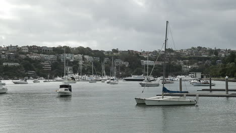 sailboats moored in bay of seaside town on cloudy day, medium shot