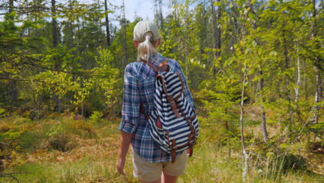 una mujer camina a través de la marisma en el bosque, vista trasera, caminata peligrosa y concepto de pérdida