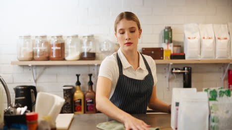 a barista cleaning the counter at a cafe