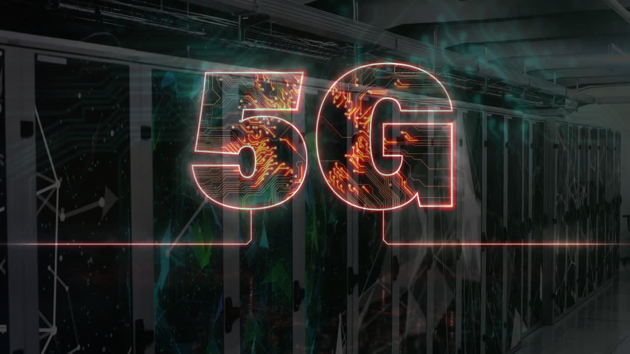 5G technology text animation over server room with digital network graphics