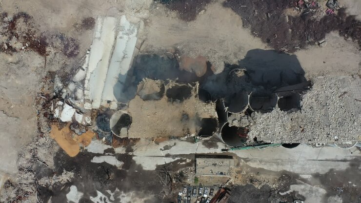 Top down aerial view of the aftermath of the ammonium nitrate explosion in the Port of Beirut