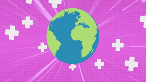 animation of globe over falling crosses on pink background