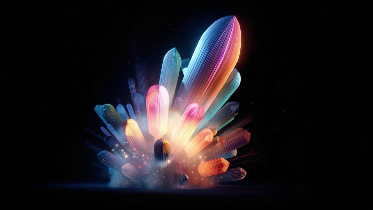 Colorful abstract crystalline petals growing and pulsing from a central glowing core against a dark background, releasing shimmering particles and smoke in a magical, futuristic display