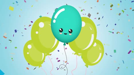 Animation-of-green-balloons-with-confetti-on-blue-background