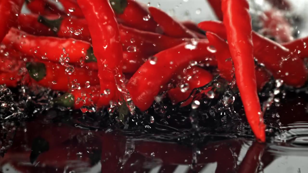 Pimentas vermelhas vibrantes caindo na água com respingos