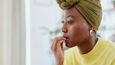 stress, biting nails and black woman with anxiety