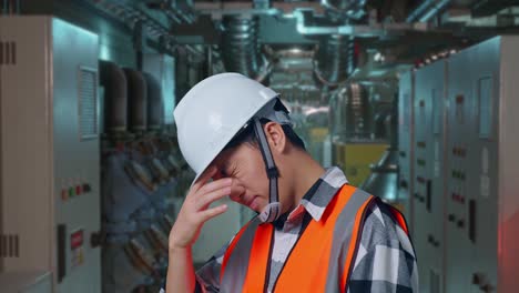 Close Up Side View Of Asian Male Engineer With Safety Helmet Having A Headache While Working In Engine Control Room, Work Of Electrical Generators
