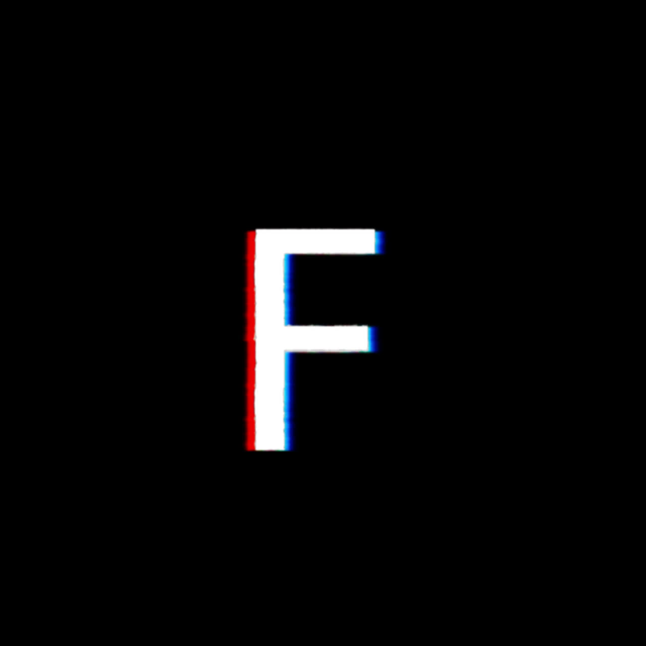 Bogstavet F med glitch-effekt på sort baggrund.