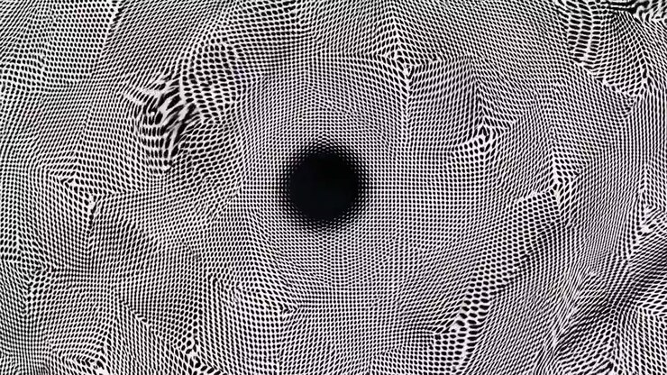 Abstract Black and White Swirling Vortex with Expanding Grid Pattern