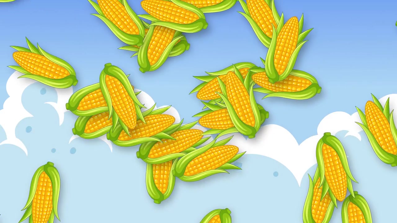 Animated Pattern of Fresh Corn Cobs Falling Against a Blue Sky