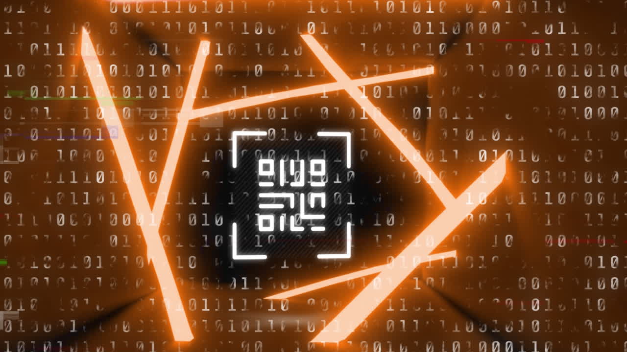 Animation of glitch technique over qr code in abstract pattern against binary codes