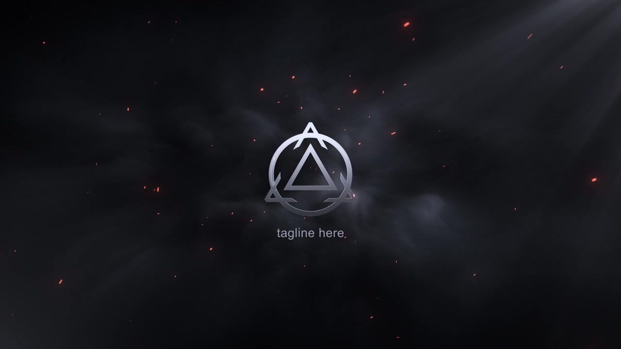 Abstraktes Logo-Enthüllung mit dunklem Rauch und leuchtenden Partikeln.