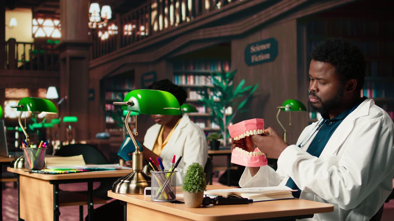 의학 학생은 플라스틱  모델로 치과 기법을 연습합니다.