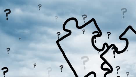 animación de signos de interrogación y rompecabezas sobre un cielo nublado