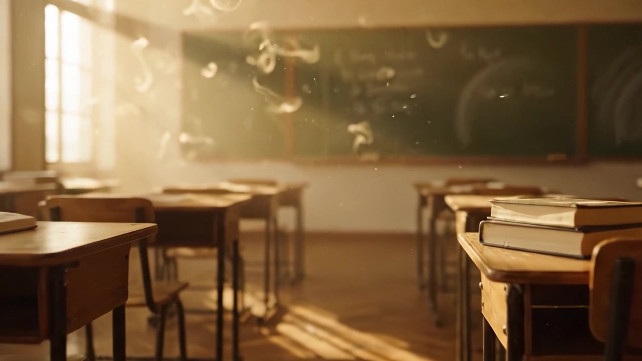 Un'aula serena e bolle giocose: catturare i momenti tranquilli e la luce soffusa in uno spazio scolastico vuoto con bolle di sapone fluttuanti in un'atmosfera luminosa.